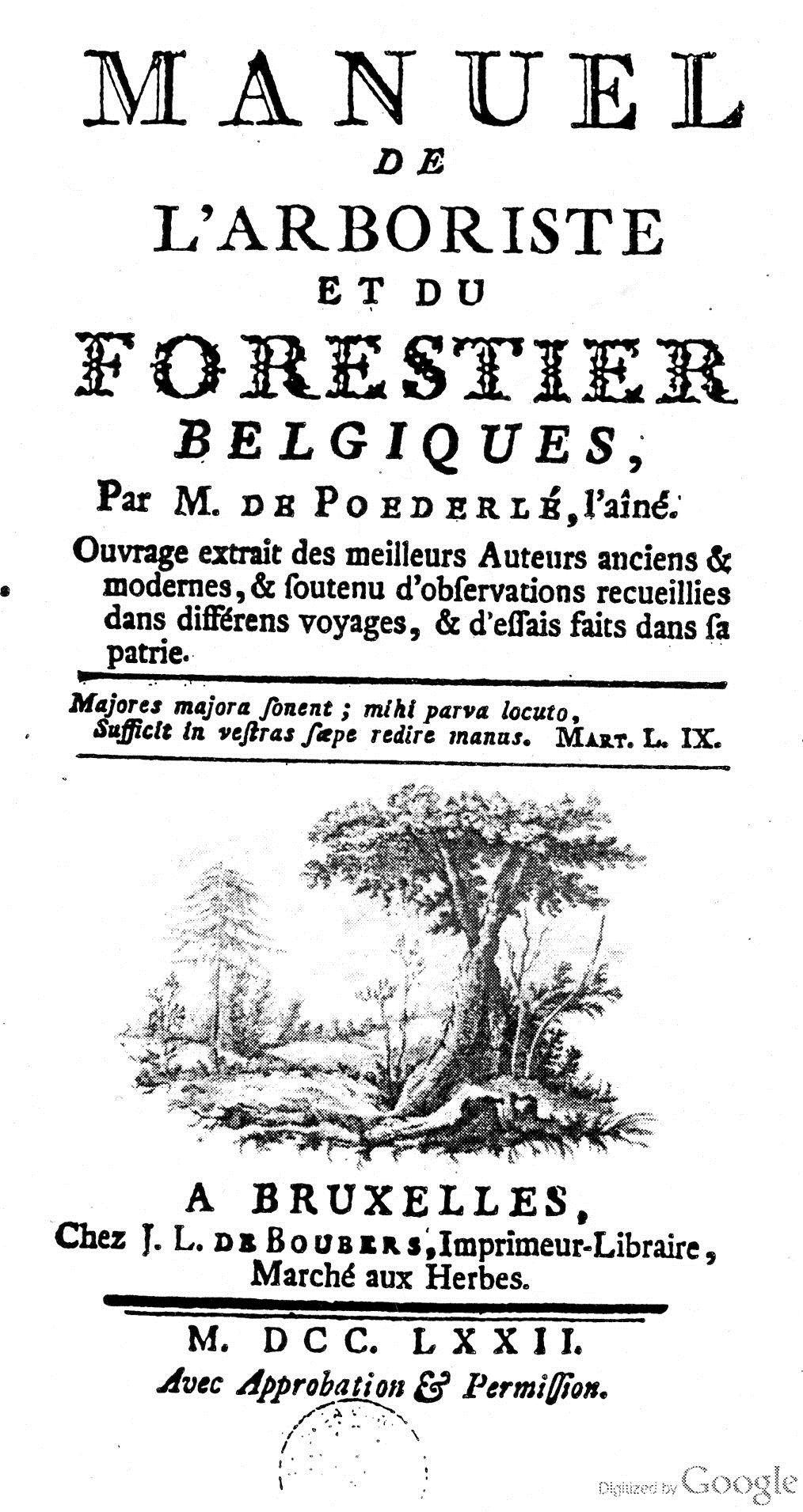 La page titre du travail pionnier de de Poederlée (1742-1813) sur les arbres et arbustes de Belgique
