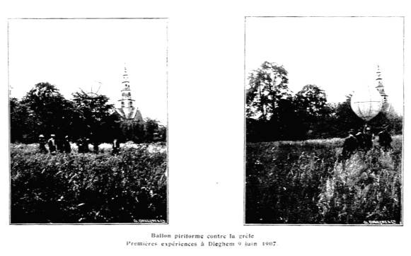 Eerste proeven met peervormige ballonnen in de strijd tegen hagel te Diegem in 1907.