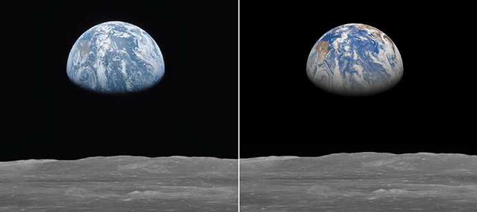 Photo prise par l’équipe d’Apollo 11 de la NASA le 20 juillet 1969 vers 05h UTC (à gauche), et le photo-montage correspondant réalisé à partir d’une prévision ECMWF de 29 heures à une résolution de 28 km, sur base des données ERA40 (à droite). Les deux images sont centrées sur l’Ouest de l’Océan Pacifique, l’équateur étant quasi à la verticale, et l’Australie étant visible sur le côté gauche, de couleur brune.