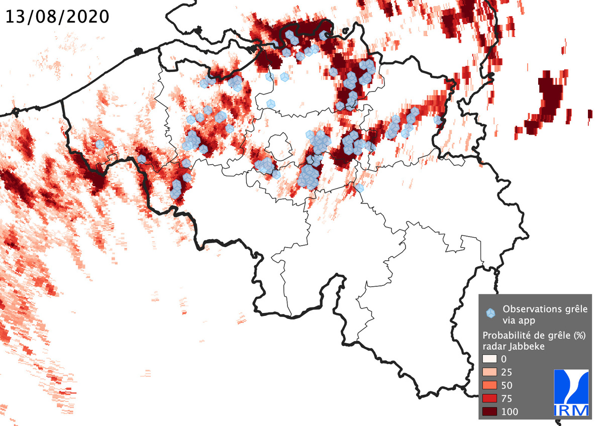 Les chutes de grêle vues par le radar de Jabbeke (en rouge) durant la journée du 13 août 2020 et les observations de grêle récoltées via l’application mobile (en bleu clair).