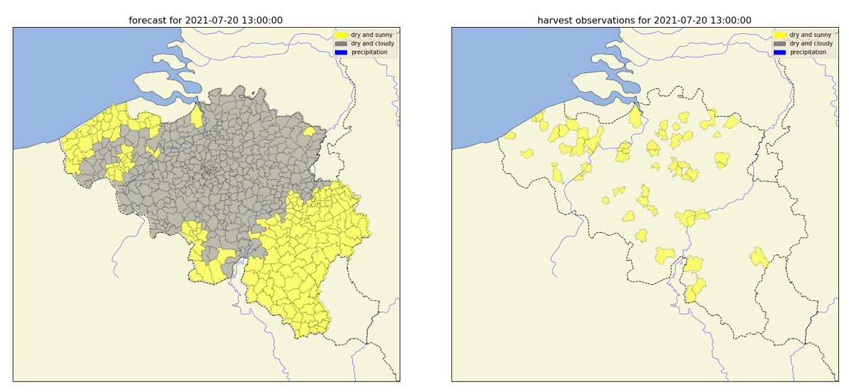 Figuur 2: links: voorspellingen voor 20 juli 2021 13UTC (geel = zonnig, grijs = zwaarbewolkt). Rechts: de waarnemingen uit de app met per gemeente de meest frequente waarneming, overal zonnig.