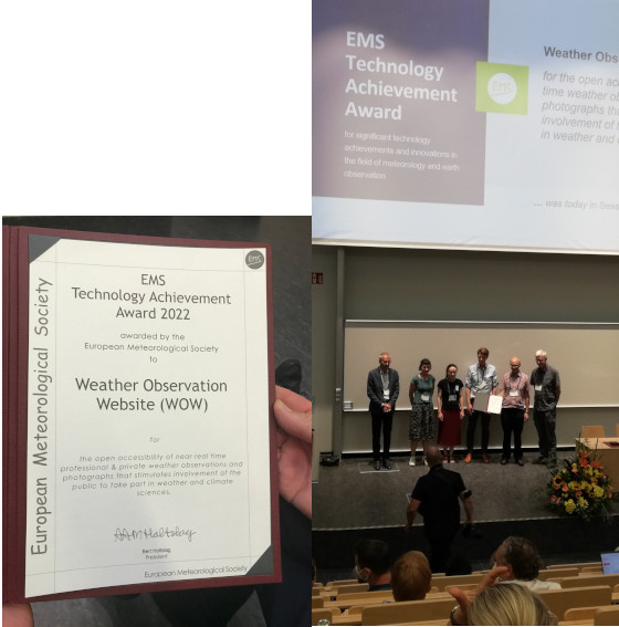 Uitreiking van de ‘EMS Technology Achievement Award’ tijdens de European Meteorological Society Annual Meeting 2022 in Bonn. Vertegenwoordigers van UK Met Office, KNMI, Met Éireann en KMI namen samen de award in ontvangst.