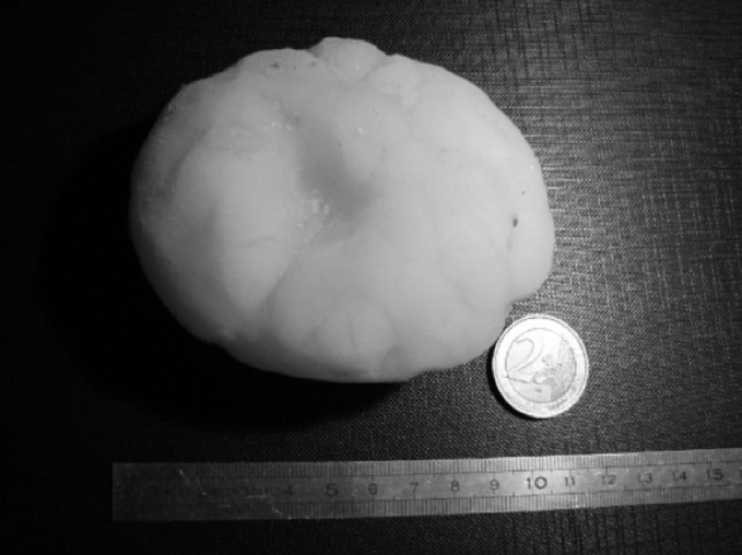 Grêle 1 : Ce grêlon de taille record a été récolté lors d'un orage violent dans la nuit du 25 au 26 mai 2009 à Verrebroek. Son diamètre atteignait 9,2 cm.