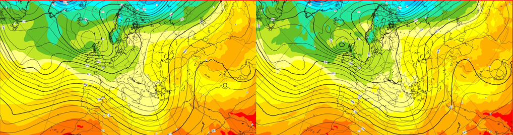 Figure 1 : comparaison d'une prévision à trois jours entre le modèle d'apprentissage automatique et le modèle de prévision numérique du CEPMMT (situation du 2/12/2024), altitude géopotentielle 500 hPa et température 850 hPa. A gauche, le modèle ML de l'AIFS (CEPMMT), à droite le modèle NWP.