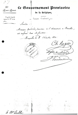 Confirmation d'Adolphe Quetelet comme directeur à l'Observatoire de Bruxelles, par le Gouvernement Provisoire de Belgique, le 8 décembre 1830.