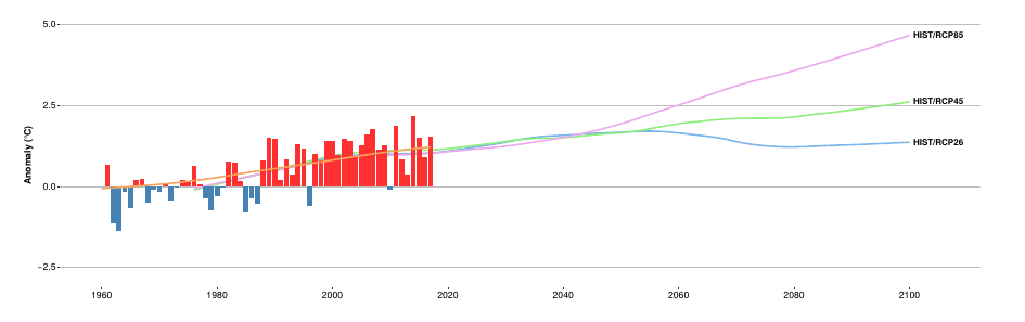 Predicted global warming in the 21st century by the ALARO climate model of the RMI according to various IPCC emission scenarios (RCP2.6, RCP4.5 and RCP 8.5) compared to the observations since 1960.