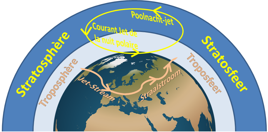 Figure 1. Schéma représentant la localisation du vortex polaire stratosphérique (en jaune) et troposphérique (en orange).