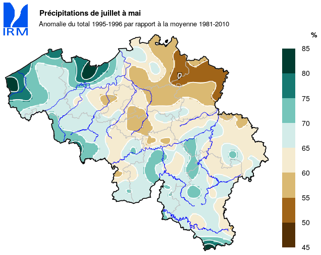 Figure 9 : Les précipitations cumulées entre juillet 1995 et mai 1996, exprimées en % des cumuls normaux.