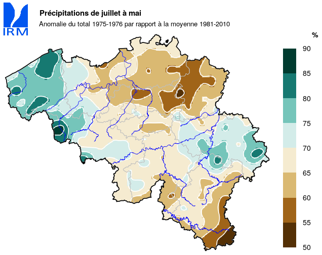 Figure 11 : Les précipitations cumulées entre juillet 1975 et mai 1976, exprimées en % des cumuls normaux.