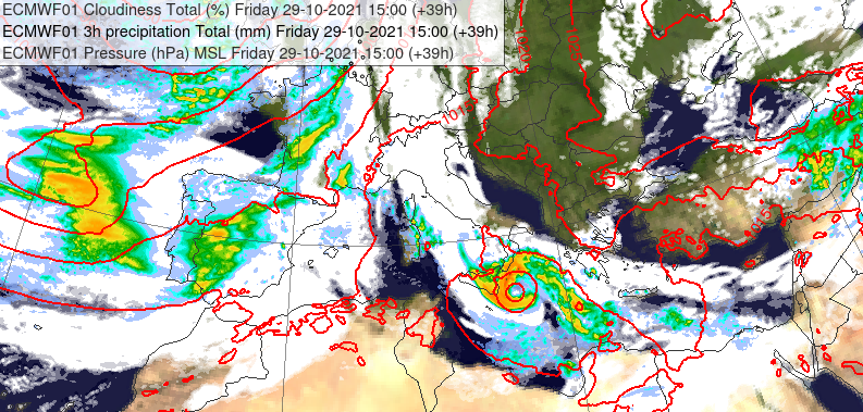Mogelijke "medicane" boven het midden van het Middellandse Zeegebied op vrijdag (kaarten van bewolking, atmosferische druk en neerslag). Bron: ECMWF.