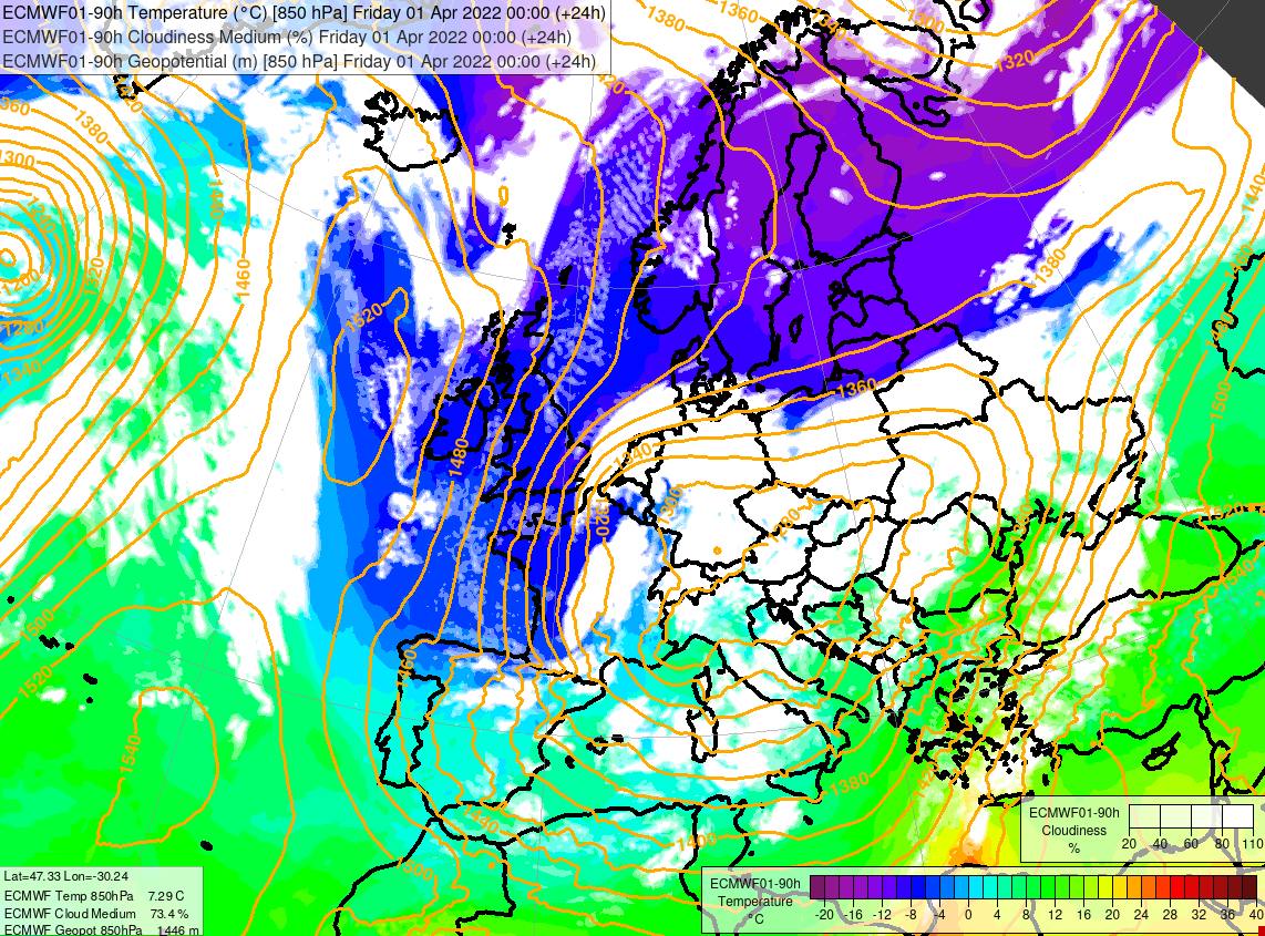 Kaart op basis van de ECMWF-modelvoorspellingen voor aanstaande vrijdag om 2u00 (0u00 UT), die het binnendringen van polaire koude lucht boven West-Europa laat zien (de kleuren zijn gekoppeld aan de temperatuur op 1500 m). De storing krult zich rond de Benelux (in het wit) en is de bron van de winterse neerslag.