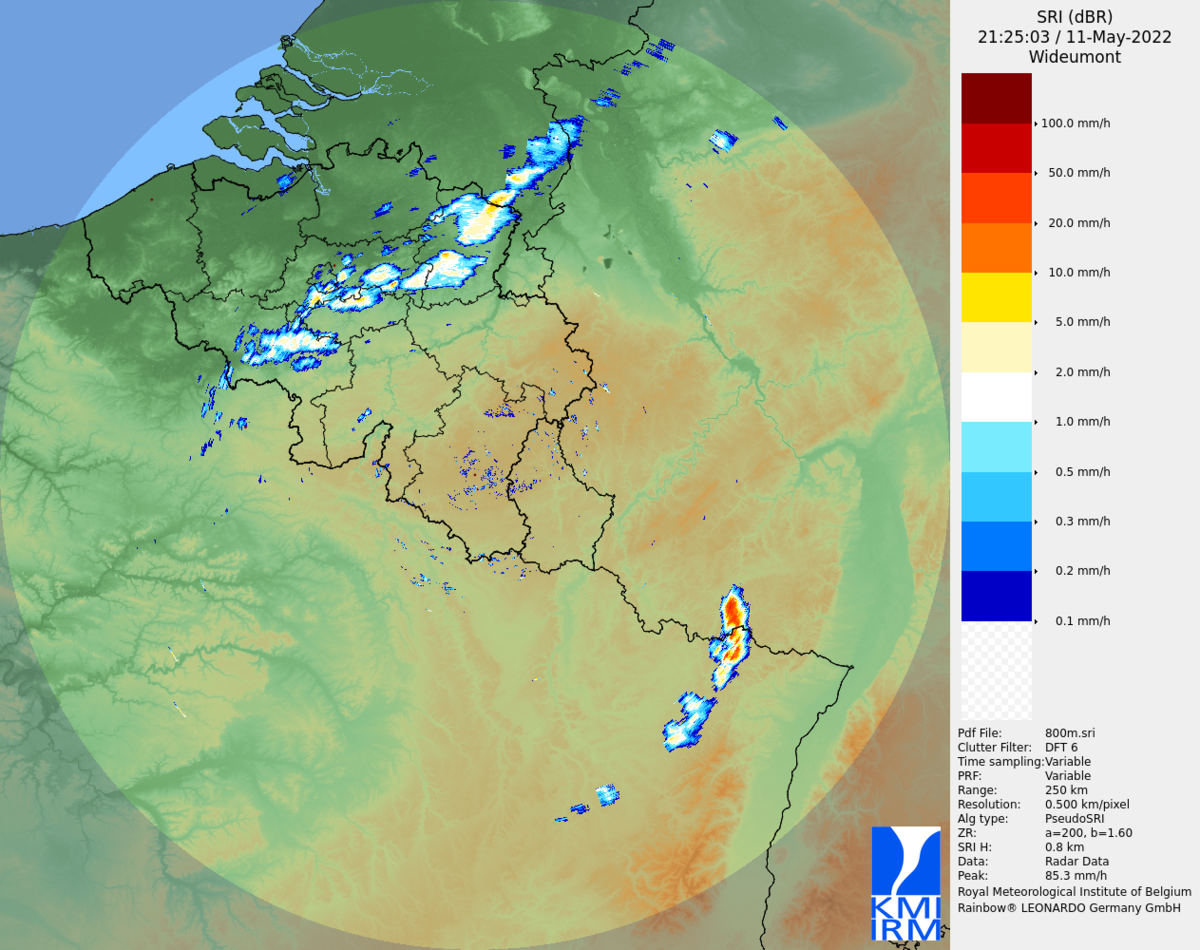 Gedetecteerde neerslag door de radar van Wideumont op  11 mei 2022 om 21u25 UTC (23u25 lokale tijd).