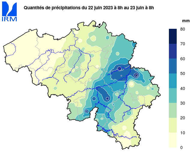 Quantités de précipitations du 22/06/2023 8h au 23/06/2023 8h