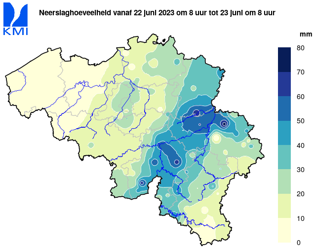 Neerslaghoeveelheden van 22/06/2023 8u tot 23/06/2023 8u