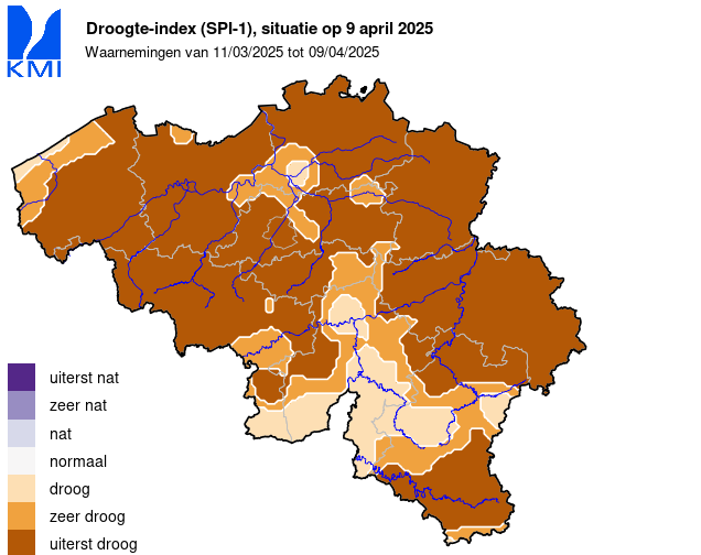Fig. 2: Overzicht van de SPI over het Belgisch grondgebied over verschillende periodes in de tijd (1 maand, 2 maand, 3 maand en 6 maand)