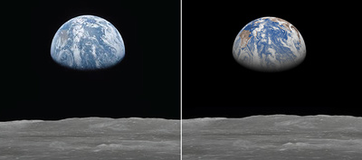 Photo prise par l’équipe d’Apollo 11 de la NASA le 20 juillet 1969 vers 05h UTC (à gauche), et le photo-montage correspondant réalisé à partir d’une prévision ECMWF de 29 heures à une résolution de 28 km, sur base des données ERA40 (à droite). Les deux images sont centrées sur l’Ouest de l’Océan Pacifique, l’équateur étant quasi à la verticale, et l’Australie étant visible sur le côté gauche, de couleur brune.