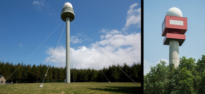 De weerradars van het KMI te Wideumont (links) en Jabbeke (rechts)