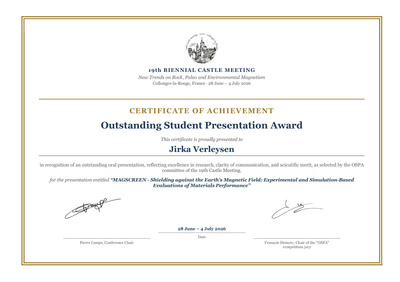Certificat reçu par Jirka Verleysen