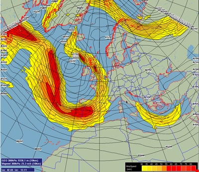 Figuur 2. Hier wordt de windsnelheid in m/s getoond voor het drukniveau van 300 hPa. De straalstroom