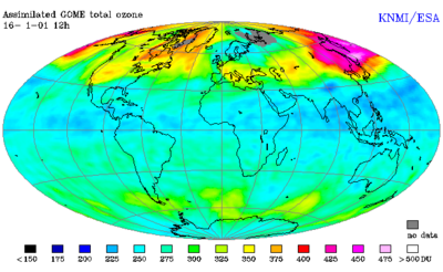 Vue d’ensemble de l’épaisseur de la couche d’ozone, obtenue par assimilation de différentes