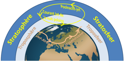 Figure 1. Schéma représentant la localisation du vortex polaire stratosphérique (en jaune) et troposphérique (en orange).