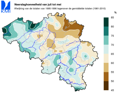 Figuur 9: De neerslagtotalen vanaf juli 1995 tot en met mei 1996 in procent van de normale totalen.