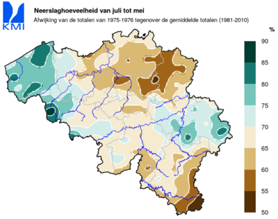 Figuur 11: De neerslagtotalen vanaf juli 1975 tot en met mei 1976 in procent van de normale totalen.