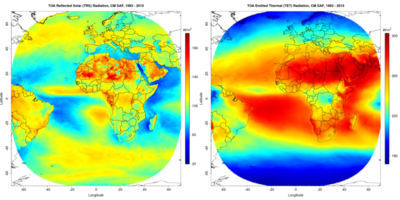 Figuur 1 en 2: Gemiddelde weerkaatste zonne-energie (links) en uitgestraalde thermische energie (rechts) per oppervlakte-eenheid, bovenaan de atmosfeer over de periode 1983–2015.