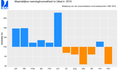 Figuur 3: Afwijking van de maandelijkse neerslaghoeveelheid van 2016 tegenover de respectievelijke normale waarden voor de periode 1981-2010.