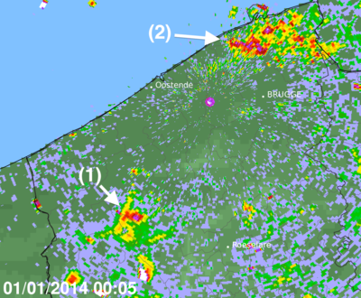 Figuur 3: Het radarbeeld om 5 minuten na middernacht, dat het massieve opvliegen van vogels illustreert.