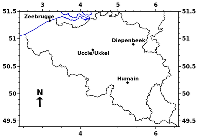 Op deze kaart van België kunt u zien waar de LIDAR-ceilometers van het KMI zich bevinden.