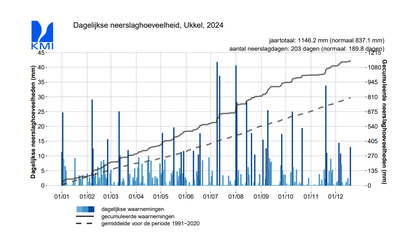 Fig. 2: Dagelijkse neerslaghoeveelheden gemeten te Ukkel (gegevens t.e.m. 19 december 2024).