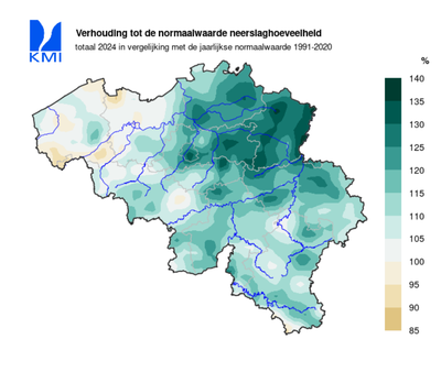 Fig. 4: Percentuele afwijking van de lokale neerslaghoeveelheden van 2024 (gegevens t.e.m. 19 december 2024) ten op zichte van de normaalwaarde (1991-2020).
