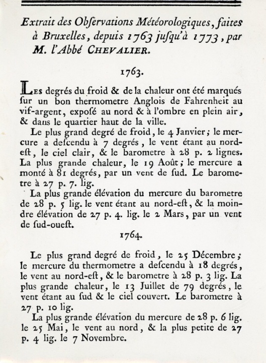De weerkundige waarnemingen van Abbé Chevalier in 1763 te Brussel werden gepubliceerd in de "Mémoires" van de Brusselse Academie.