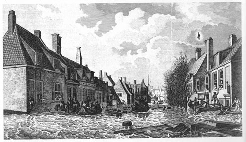 De Palingstraat te Vlissingen in Zeeland tijdens de watersnood van 14 op 15 januari 1808.