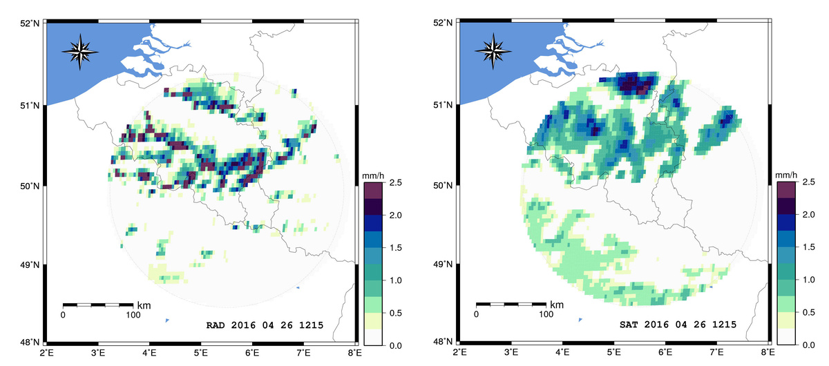 Comparaison entre les données de précipitations du radar météorologique de l'IRM à Wideumont et des estimations satellitaires du projet H-SAF (produit de précipitations H03) pour le 26 avril 2016.