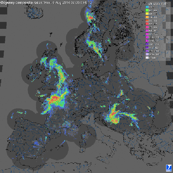 Cette image radar de l’Europe montre une vaste bande de pluie couplée à des fronts reliés à un