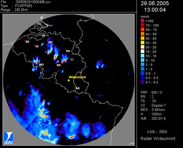 Les images radar du 29 juin 2005 montrent plusieurs orages multicellulaires. Ils sont étendus sur u