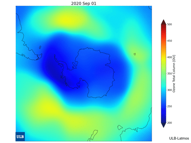 La colonne d'ozone totale moyenne exprimée en unités Dobson (DU) pour la période 1/9/2020 - 24/9/2020 [DU] (copyright: AC SAF / LATMOS / ULB / EUMETSAT)