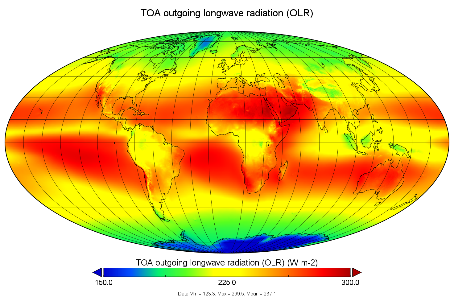 Cette carte du monde illustre la quantité de chaleur émise par la Terre au sommet de l'atmosphère sur base du jeu de données CLARA-A3.