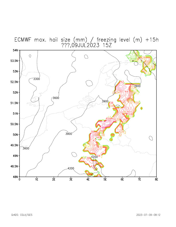 Voorspellingen van hagelgrootte van het ECMWF model (links) en van het KMI ALARO model (rechts).